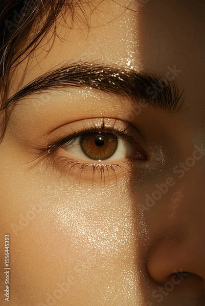 Obraz Cinematic close-up of a hazel brown human eye with glossy skin and sharp eyebrow in warm sunlight, high detail texture, natural glow, and shadow contrast across the face, showcasing beauty and clarity