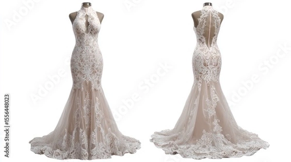 Fototapeta Isolated images of a high-neck lace evening gown, front and back views, on transparent background, highlighting intricate lace patterns and elegant design