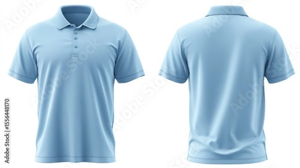 Fototapeta Isolated images of a light blue polo shirt with embroidered logo area (blank), front and back views, on transparent background, highlighting placement for customization