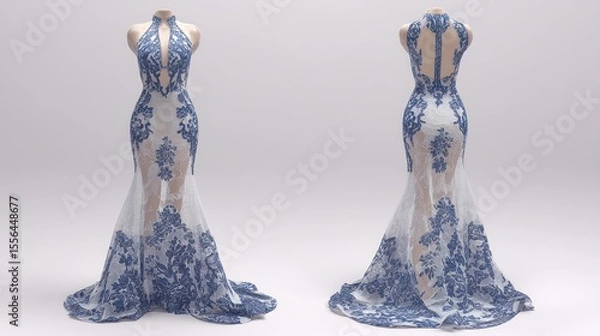 Fototapeta Isolated images of a mermaid-style evening dress with lace overlay, front and back views, on clear background, emphasizing intricate patterns and fit, high-detail rendering