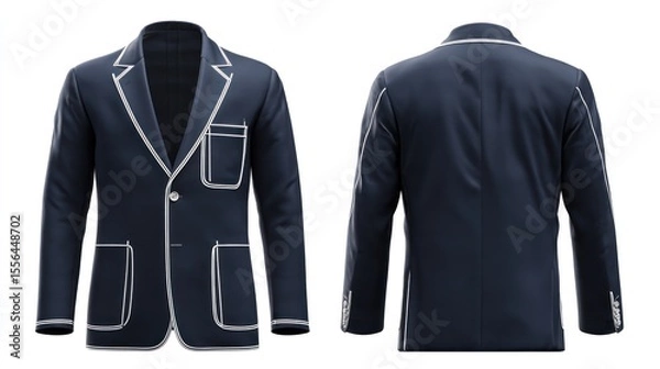 Fototapeta Isolated images of a navy blue men's suit with contrasting white piping, front and back views, on transparent background, emphasizing unique design elements and modern fit