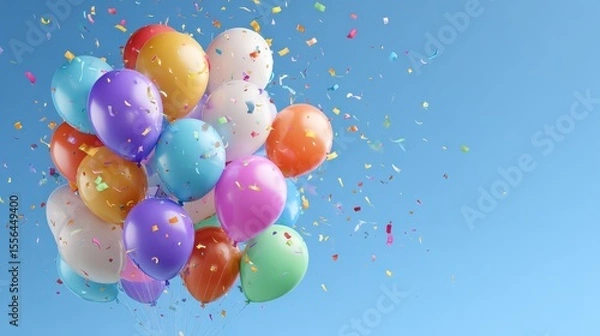 Obraz Colorful balloons with confetti on a blue plain background for a birthday