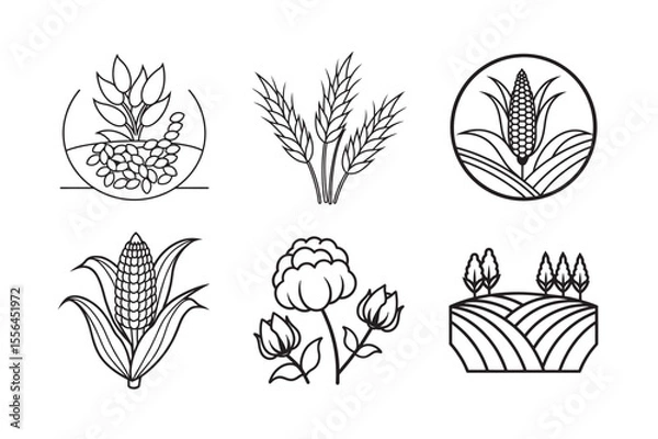 Fototapeta line art of  barley corn cotton soybean crop farming bundle on the white background