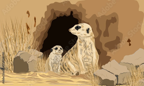 Obraz Meerkat and her cub sitting on the sand near the entrance to the burrow. Realistic vector landscape