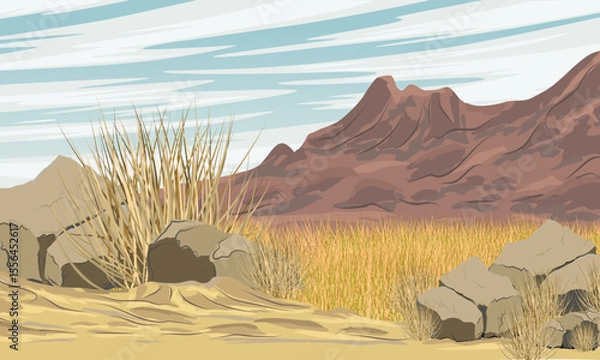 Obraz Sand dunes at the foot of a high mountain range. Desert near the mountains. Realistic vector landscape