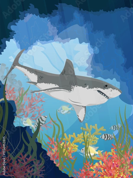 Obraz Great white shark swims in the ocean. Underwater grotto with corals and seaweed. Realistic vector vertical landscape