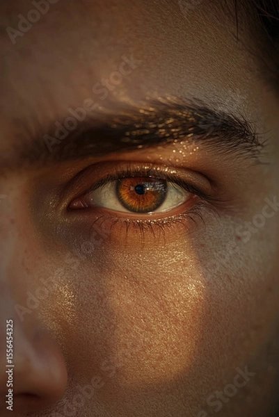 Obraz Hyper-Realistic Macro Photo of Male Eye with Amber Iris, Skin Pores, Stubble, and Natural Lighting – Detailed Facial Texture Close-Up