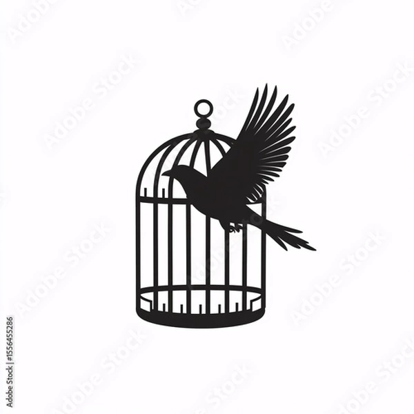 Fototapeta A symbolic silhouette of a bird flying away from an open cage, representing freedom, escape, and independence on a white background..