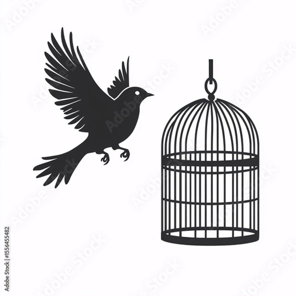 Fototapeta A symbolic silhouette of a bird flying away from an open cage, representing freedom, escape, and independence on a white background..