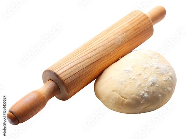 Fototapeta Wooden rolling pin resting on raw dough dusted with flour isolated on a transparent background baking,PNG