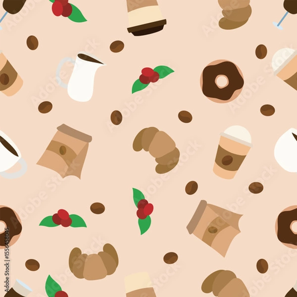 Fototapeta Coffee shop seamless pattern. Endless background, texture design with latte, cappuccino, donut and croissant.