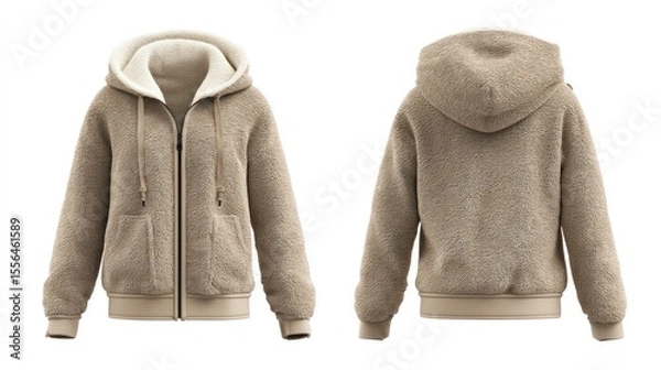 Fototapeta Warm fleece-lined coat in earth tone, shown front and back, clear white background, centered for mockups