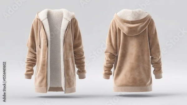 Fototapeta Warm fleece-lined coat in earth tone, shown front and back, clear white background, centered for mockups