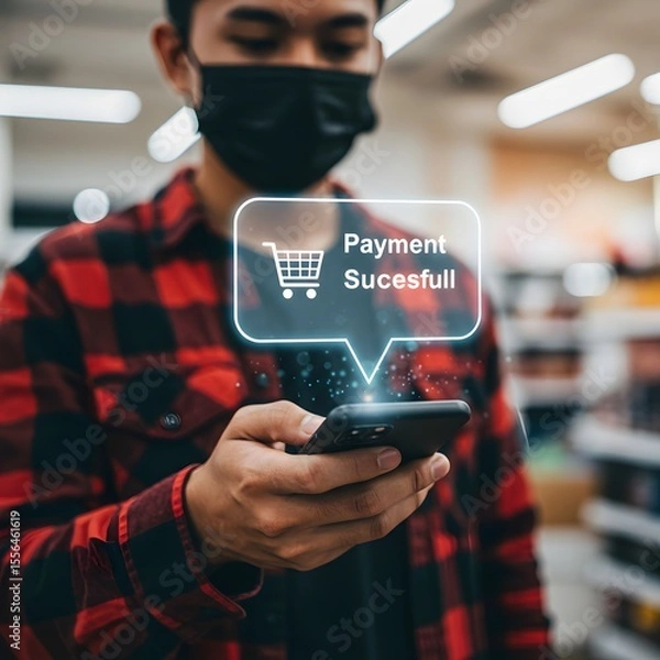 Fototapeta Man wearing a mask uses smartphone for successful payment in a store