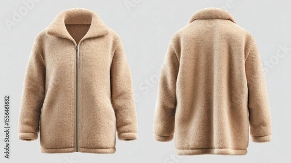Fototapeta Warm fleece-lined coat in earth tone, shown front and back, clear white background, centered for mockups