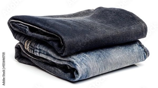 Fototapeta White background mockup of front and back views of vintage-style jeans, folded cuffs visible