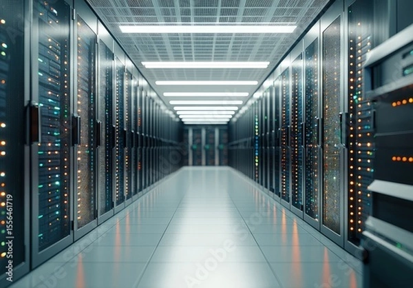 Fototapeta Bright high-tech server room with illuminated data racks, orange and green indicators, and sleek reflective flooring, ideal for cloud systems, networking, or IT operations visuals