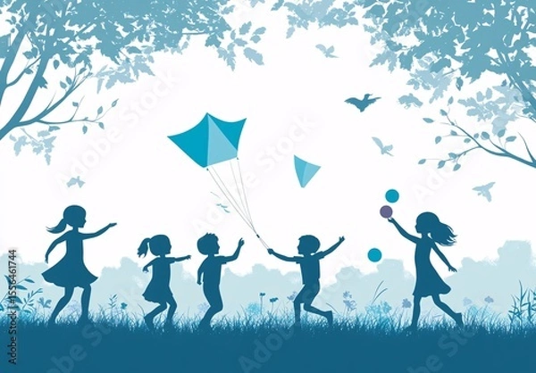 Fototapeta Silhouette of joyful children flying kites, playing with balloons and balls in a scenic park with trees and leaves blowing in the wind.