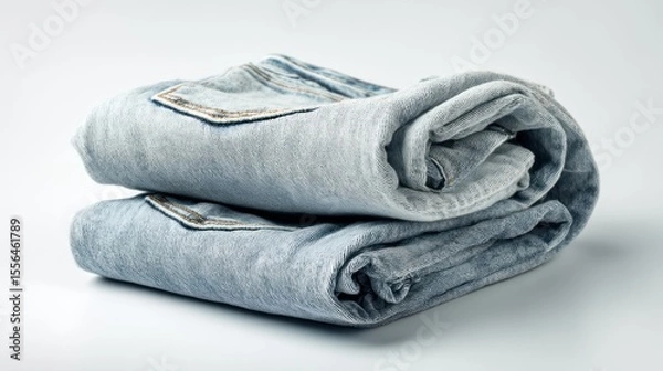 Fototapeta White background mockup of front and back views of vintage-style jeans, folded cuffs visible