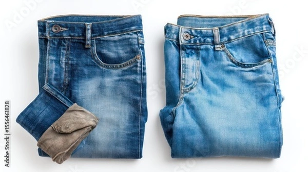 Fototapeta White background mockup of front and back views of vintage-style jeans, folded cuffs visible