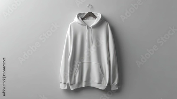 Fototapeta White hoodie with front pocket and hood visible, product display against plain light gray