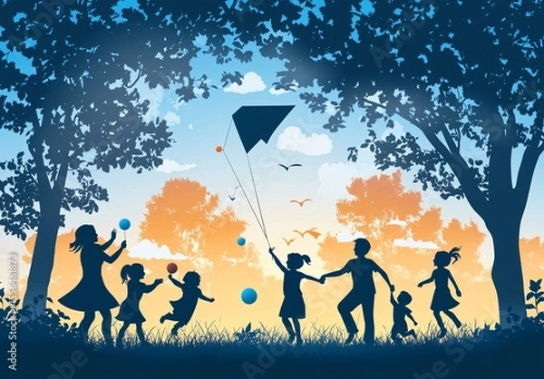 Fototapeta Silhouette of joyful children flying kites, playing with balloons and balls in a scenic park with trees and leaves blowing in the wind.