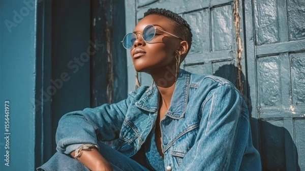 Fototapeta Woman in denim-on-denim outfit posing against a textured backdrop, modern editorial look