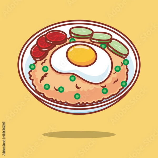 Fototapeta Cute cartoon of Nasi Goreng, Indonesian fried rice, with a fried egg, tomato slices, and cucumber slices on a plate.