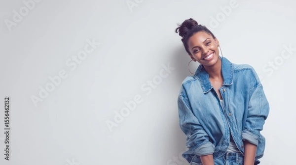 Fototapeta Woman modeling a denim-on-denim outfit-jeans and jacket-smiling confidently, high-key white studio setting