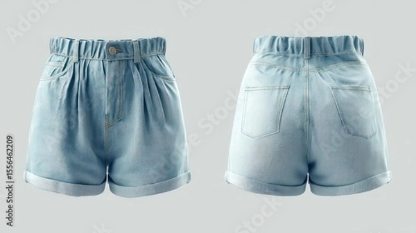 Fototapeta Womenâ€™s high-waisted denim shorts, front and back angles, light blue wash, minimal shadows, product display style