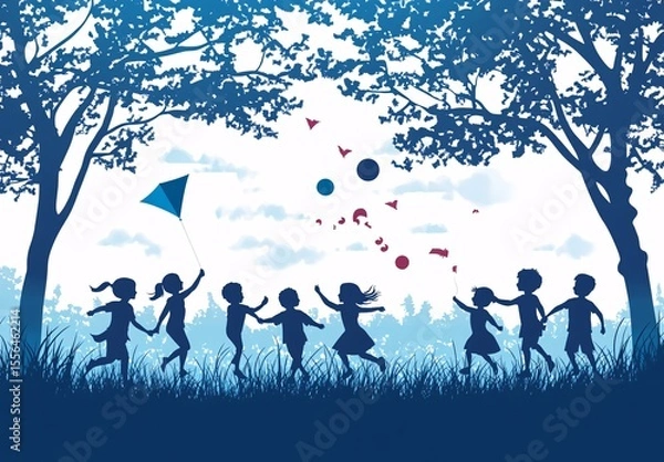 Fototapeta Silhouette of joyful children flying kites, playing with balloons and balls in a scenic park with trees and leaves blowing in the wind.