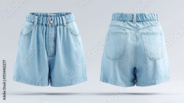 Fototapeta Womenâ€™s high-waisted denim shorts, front and back angles, light blue wash, minimal shadows, product display style
