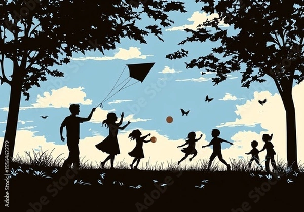 Fototapeta Silhouette of joyful children flying kites, playing with balloons and balls in a scenic park with trees and leaves blowing in the wind.