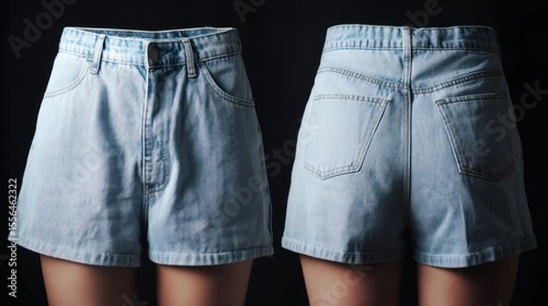 Fototapeta Womenâ€™s high-waisted denim shorts, front and back angles, light blue wash, minimal shadows, product display style