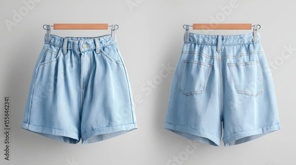 Fototapeta Womenâ€™s high-waisted denim shorts, front and back angles, light blue wash, minimal shadows, product display style