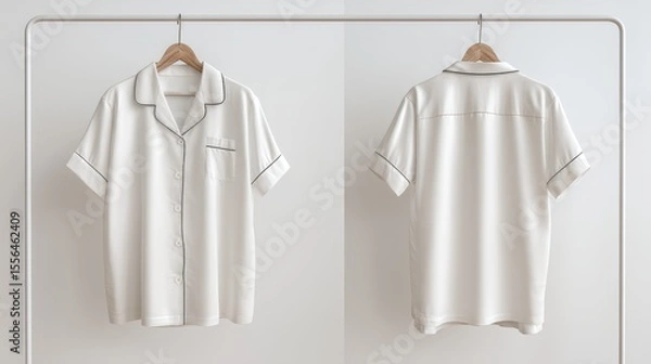Fototapeta Women's short-sleeve pajama set, front and back views, hanging on minimalist rack, white background, modern aesthetic