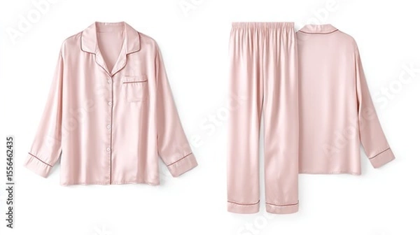 Fototapeta Women's silk pajama set, front and back views, laid flat, isolated on white background, detailed fabric texture, minimalist style