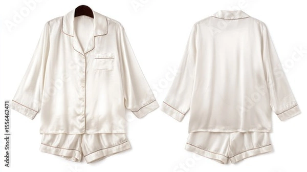 Fototapeta Women's silk pajama set, front and back views, laid flat, isolated on white background, detailed fabric texture, minimalist style