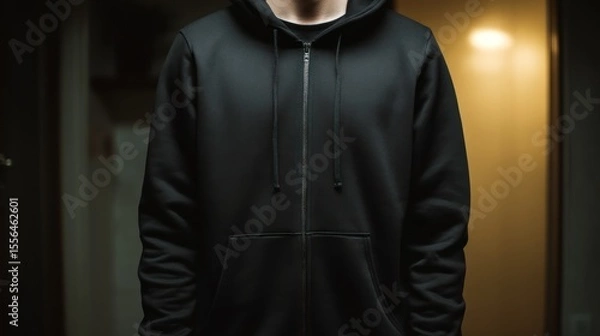 Fototapeta Wrinkle-free black hoodie front view with full-length zip and no logos, ideal for digital mockup presentations