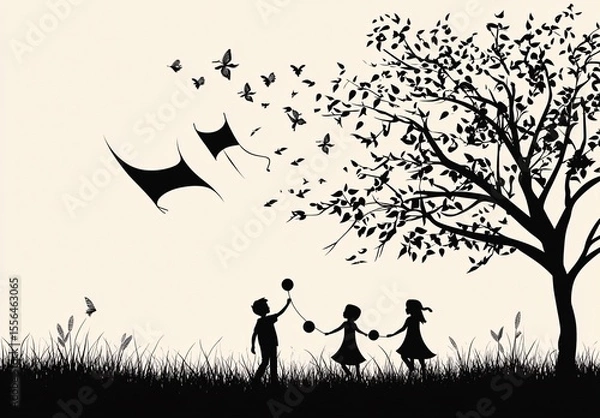 Fototapeta Silhouette of joyful children flying kites, playing with balloons and balls in a scenic park with trees and leaves blowing in the wind.
