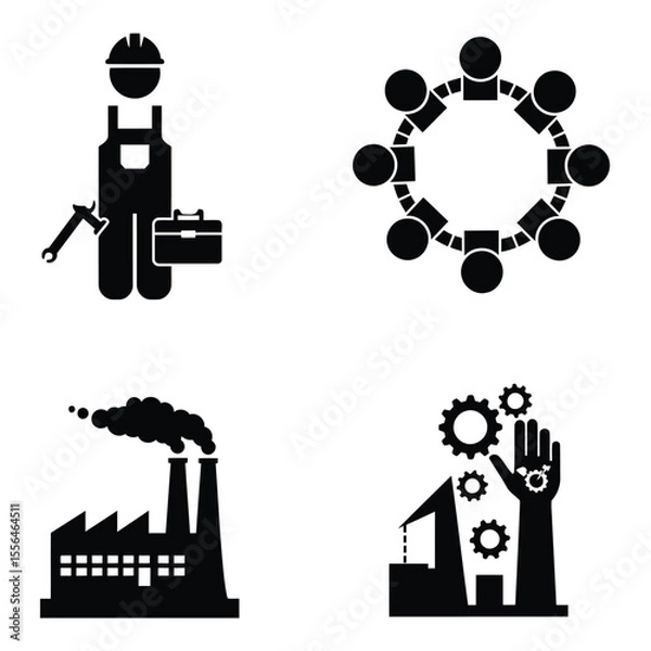 Fototapeta A collection of industrial icons depicting construction teamwork manufacturing and engineering processes in bold black and white designs