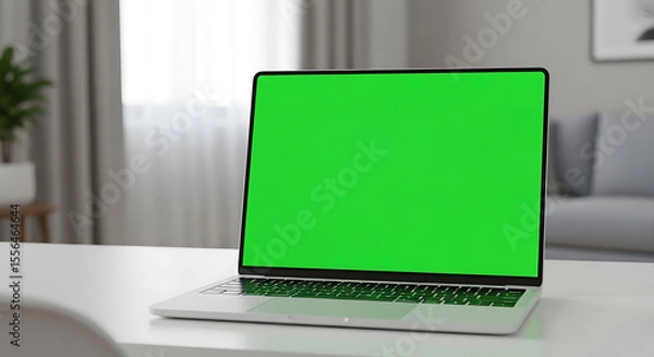 Fototapeta Green Screen Laptop Mockup Modern Workspace for Presentations and Video Editing