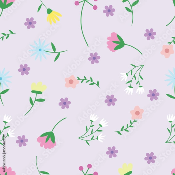 Fototapeta Seamless pattern with spring flowers and green leaves on soft blue backgrounds vector.