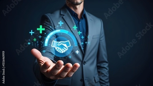 Fototapeta Trusted partner. Trustworthy collaboration, company or contract. Confidence to work together. Businessman turning knob to highest trust levels. Build trust in business and finance relationships. 