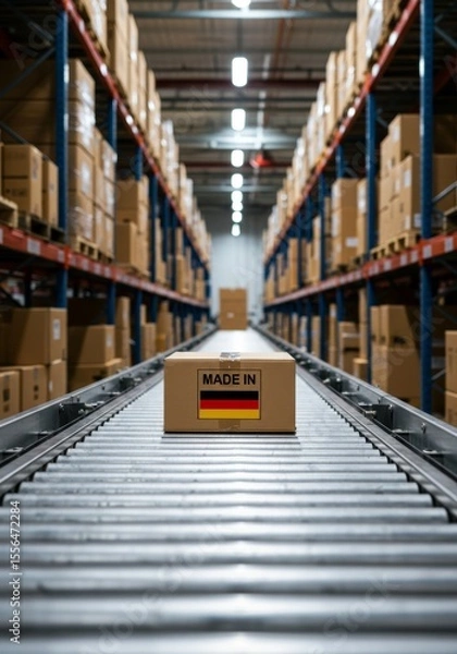 Fototapeta Cardboard box with German flag on conveyor belt symbolizes efficient manufacturing