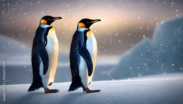 Fototapeta Two penguins standing close together on a snowy surface with visible feathers and contrasting black and white body colors