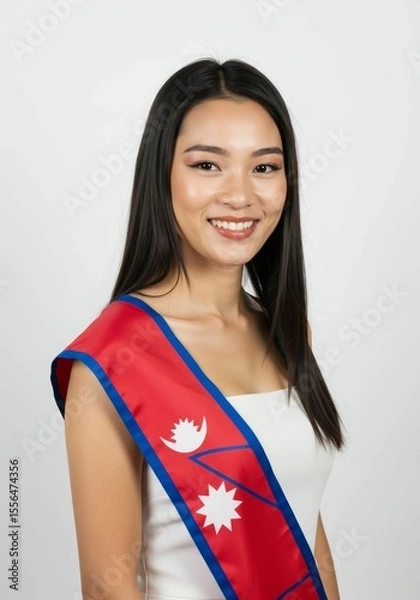 Fototapeta Smiling Nepalese Woman with National Flag Sash Against a Clean White Backdrop