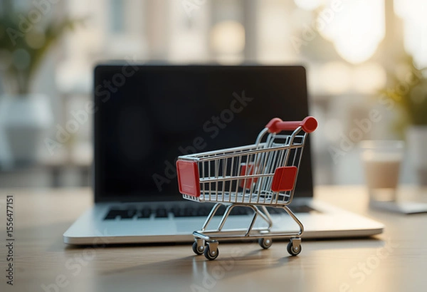 Fototapeta Online shopping concept with miniature shopping cart standing in front of laptop, Generative AI Illustration