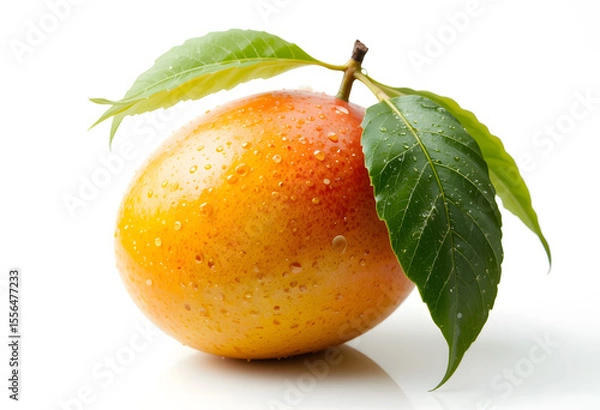 Fototapeta A close up of a ripe mango with leaves and water droplets on a white background in bright light