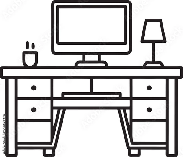 Fototapeta Workstation Illustration A Classic Desk with Monitor, Lamp, and Drawer Set Up for Productivity and Organization